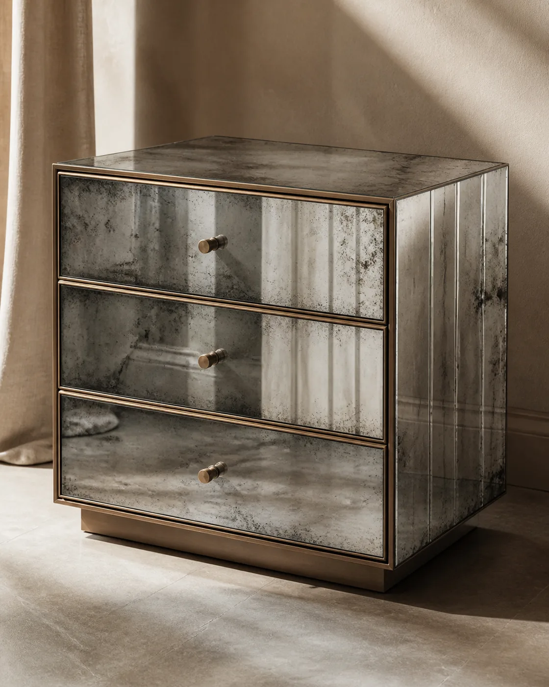Antiqued Mirror Glass applied to its dedicated furniture product