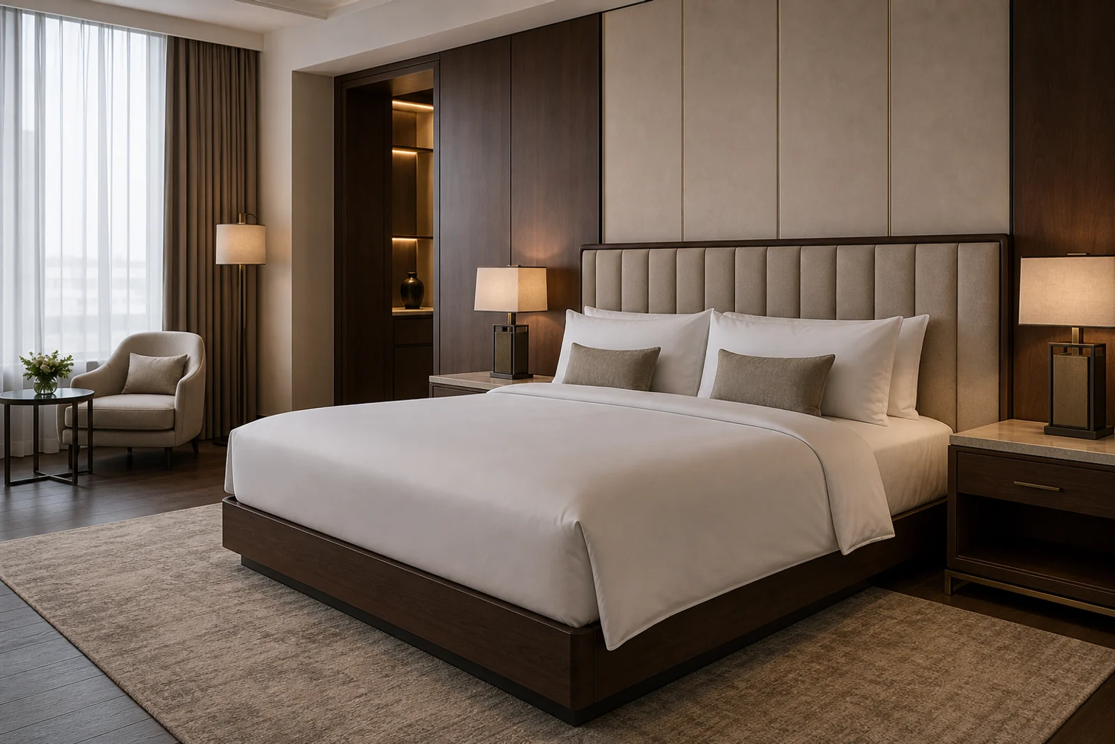 Luxury king size bed with walnut platform frame and upholstered channel headboard