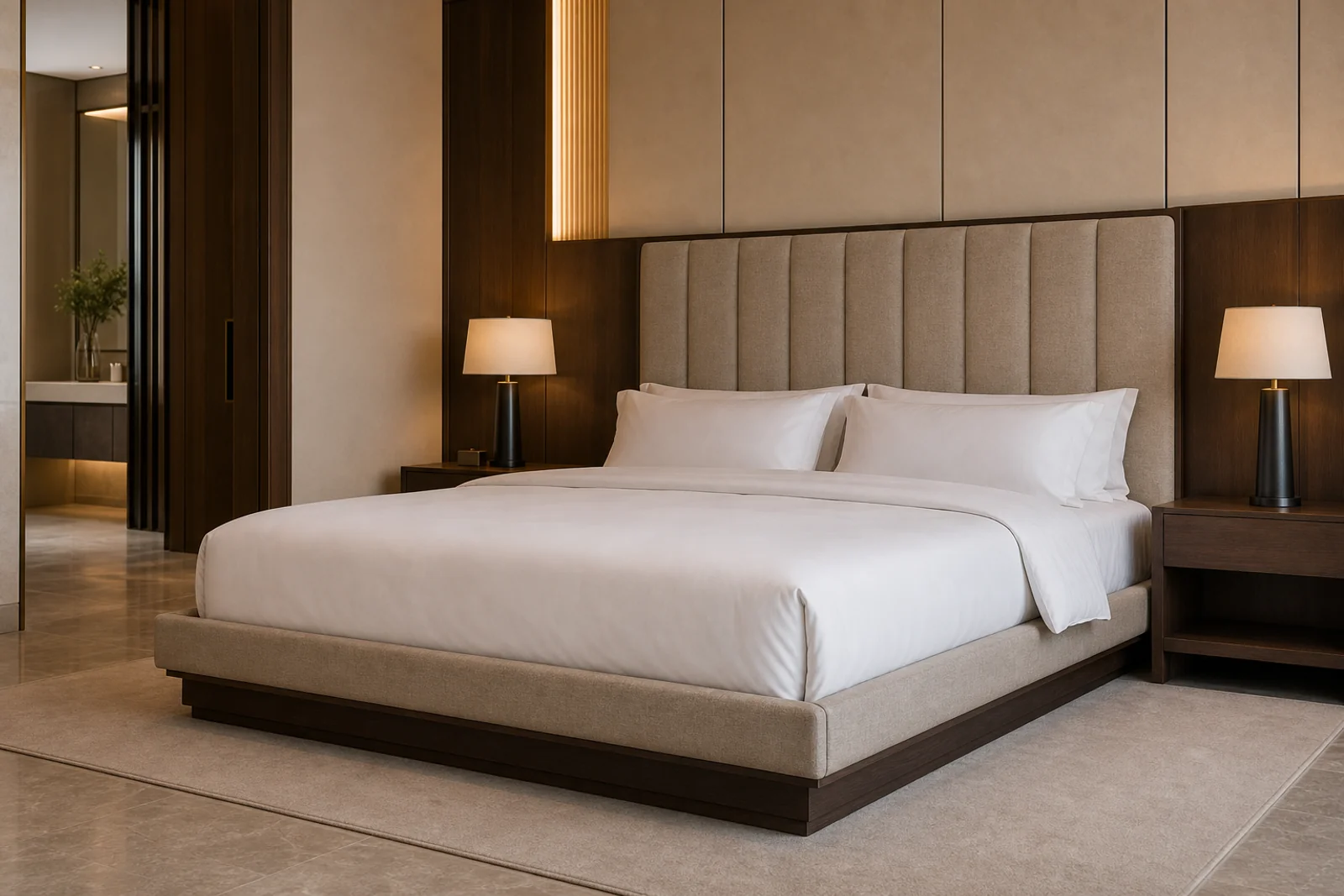 Luxury king size bed with walnut platform frame and upholstered channel headboard