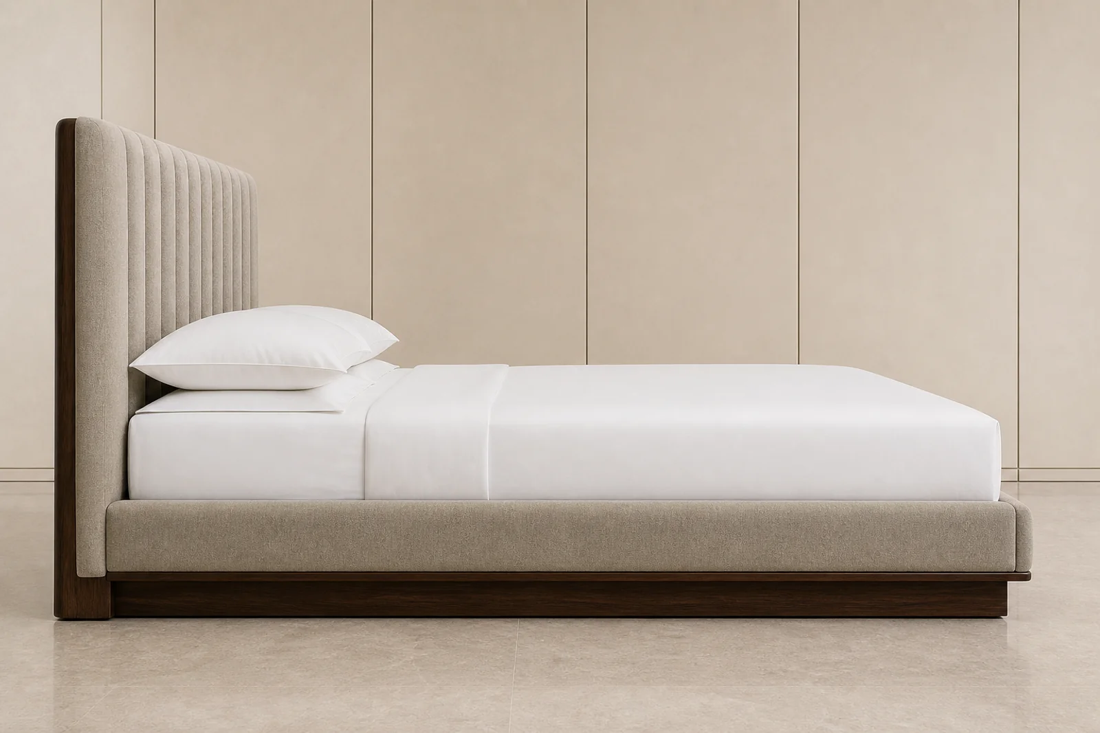 King Size Bed side profile - Luxury king size bed with walnut platform frame and upholstered channel headboard