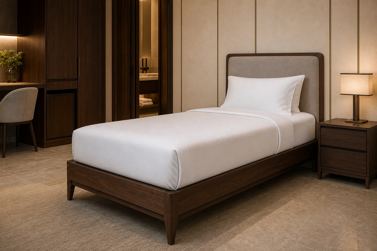 Single hotel bed with walnut frame and upholstered headboard