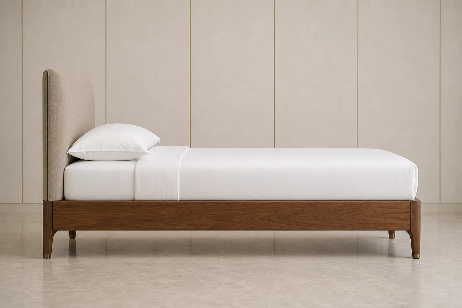 Single Bed side profile - Single hotel bed with walnut frame and upholstered headboard