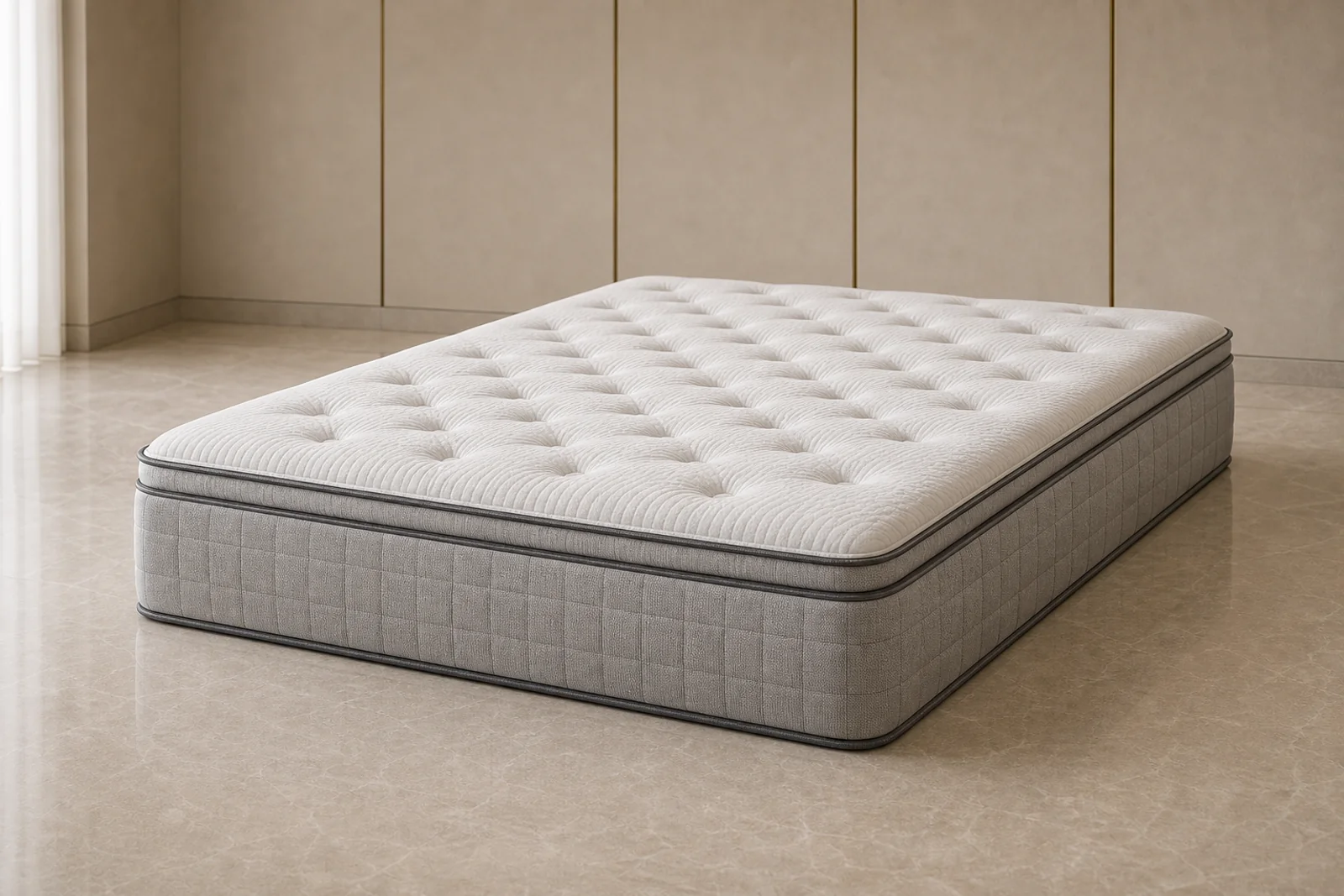 King hotel mattress with quilted white top and grey side panel