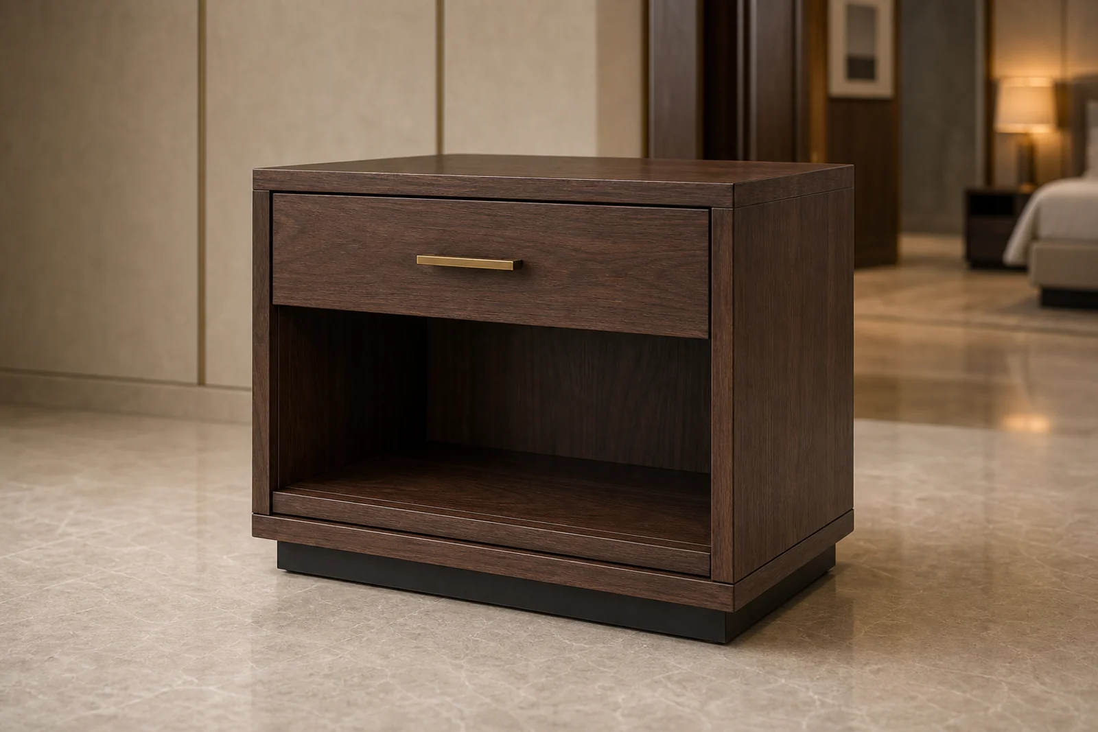 Smoked walnut night stand with drawer, lower shelf, and brass handle