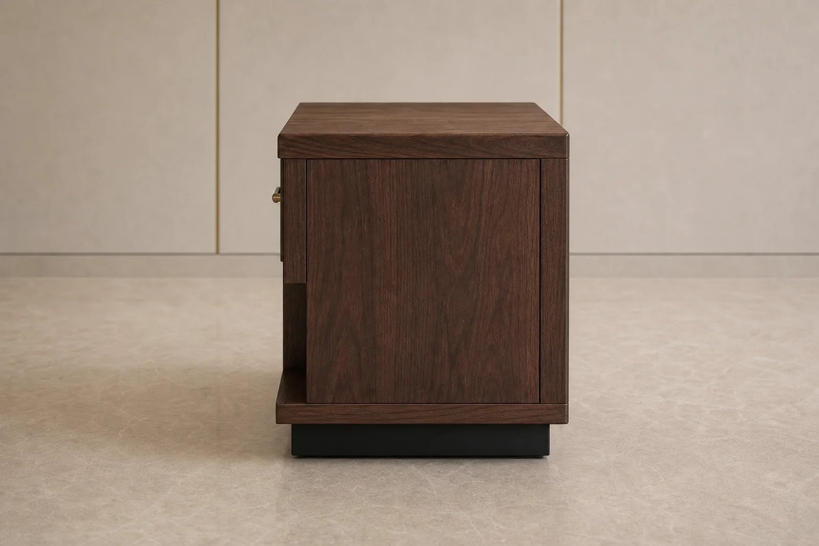 Night Stand side profile - Smoked walnut night stand with drawer, lower shelf, and brass handle