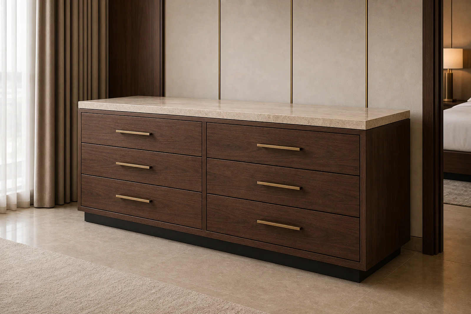 Six-drawer smoked walnut dresser with stone top and brass handles