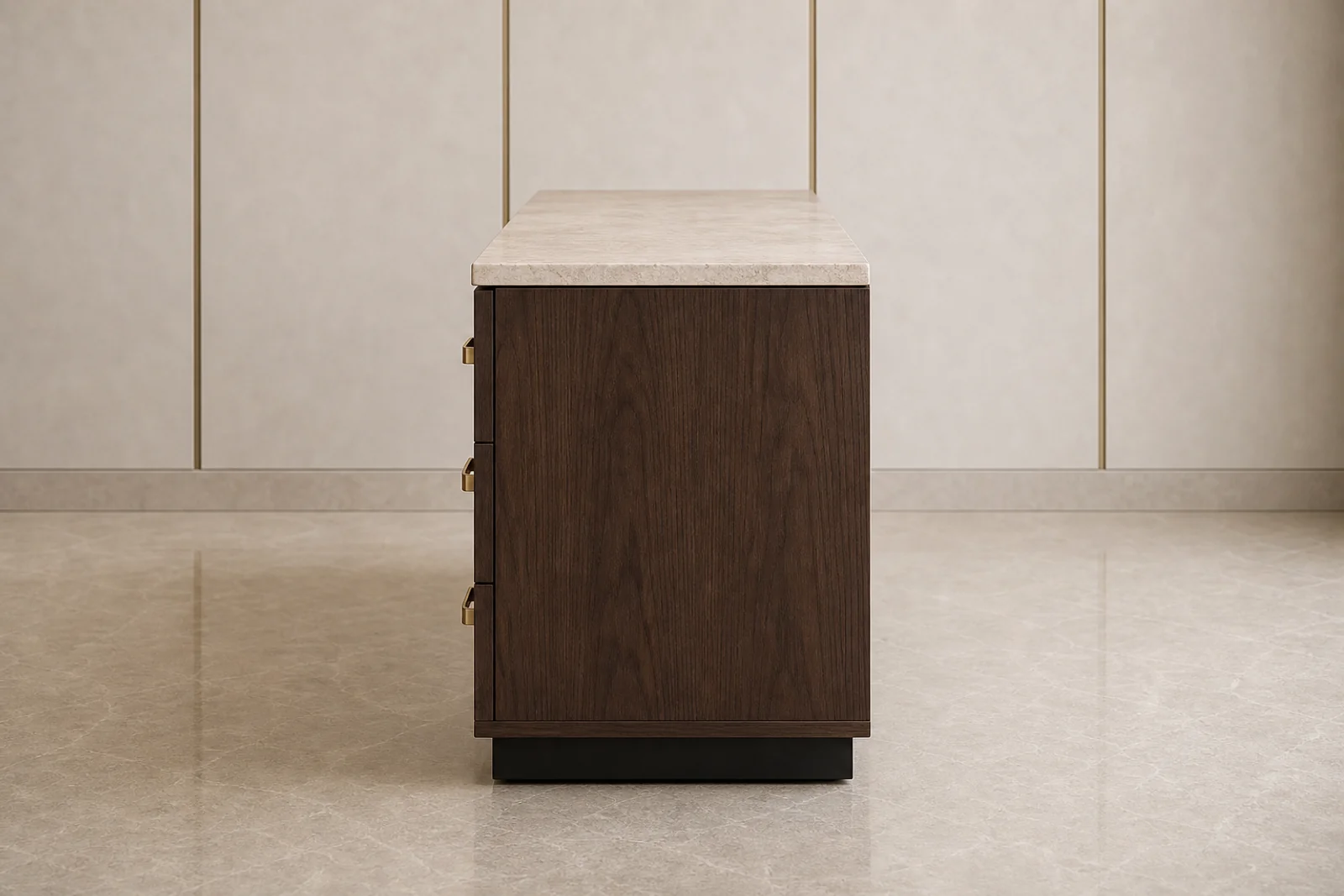 Dresser side profile - Six-drawer smoked walnut dresser with stone top and brass handles