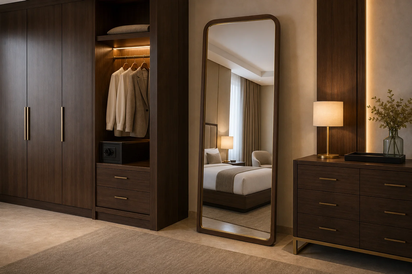 Full-Length Mirror in context - Hotel dressing areas, guest rooms, residential bedrooms