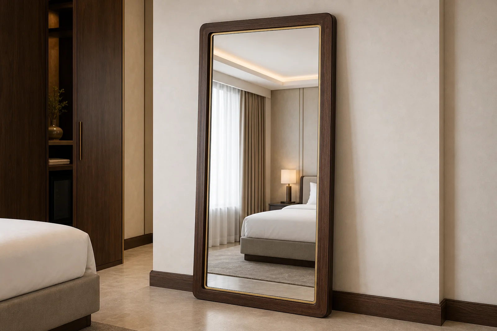 Full-length mirror with smoked walnut frame and brass inner trim