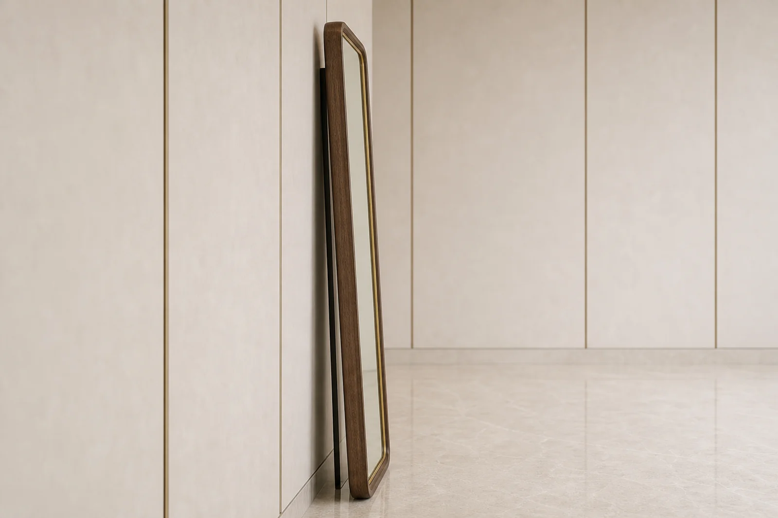 Full-Length Mirror side profile - Full-length mirror with smoked walnut frame and brass inner trim