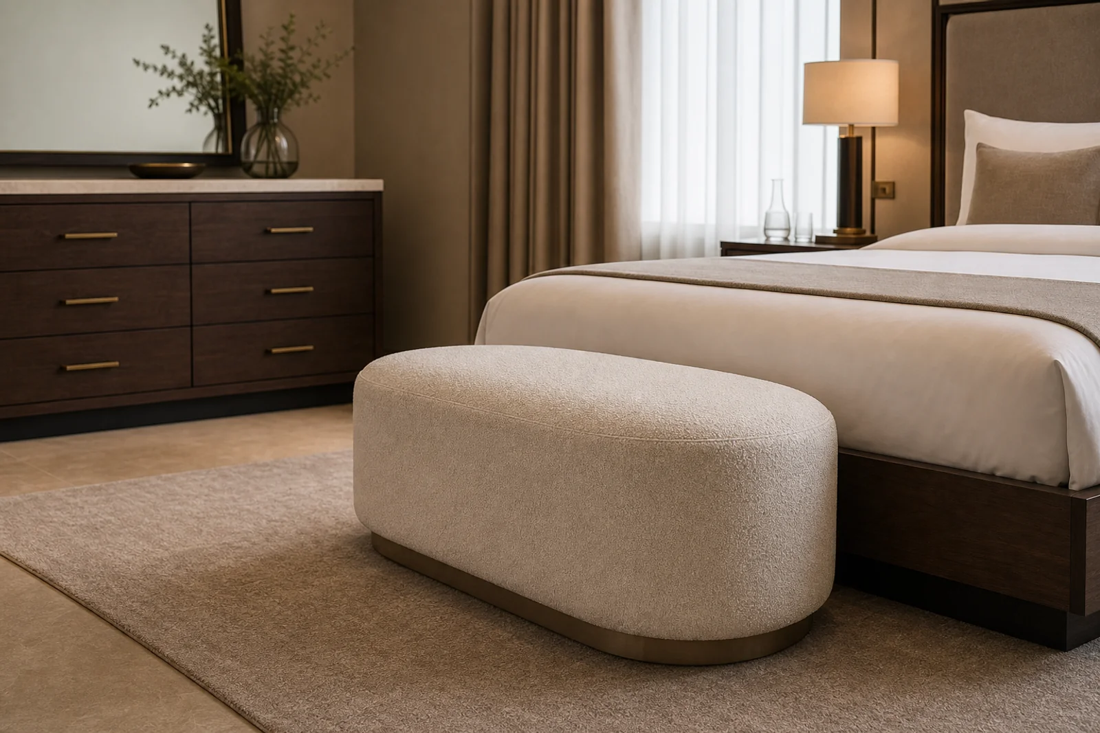 Upholstered Pouf in context - Hotel suites, bedroom seating, residential dressing areas