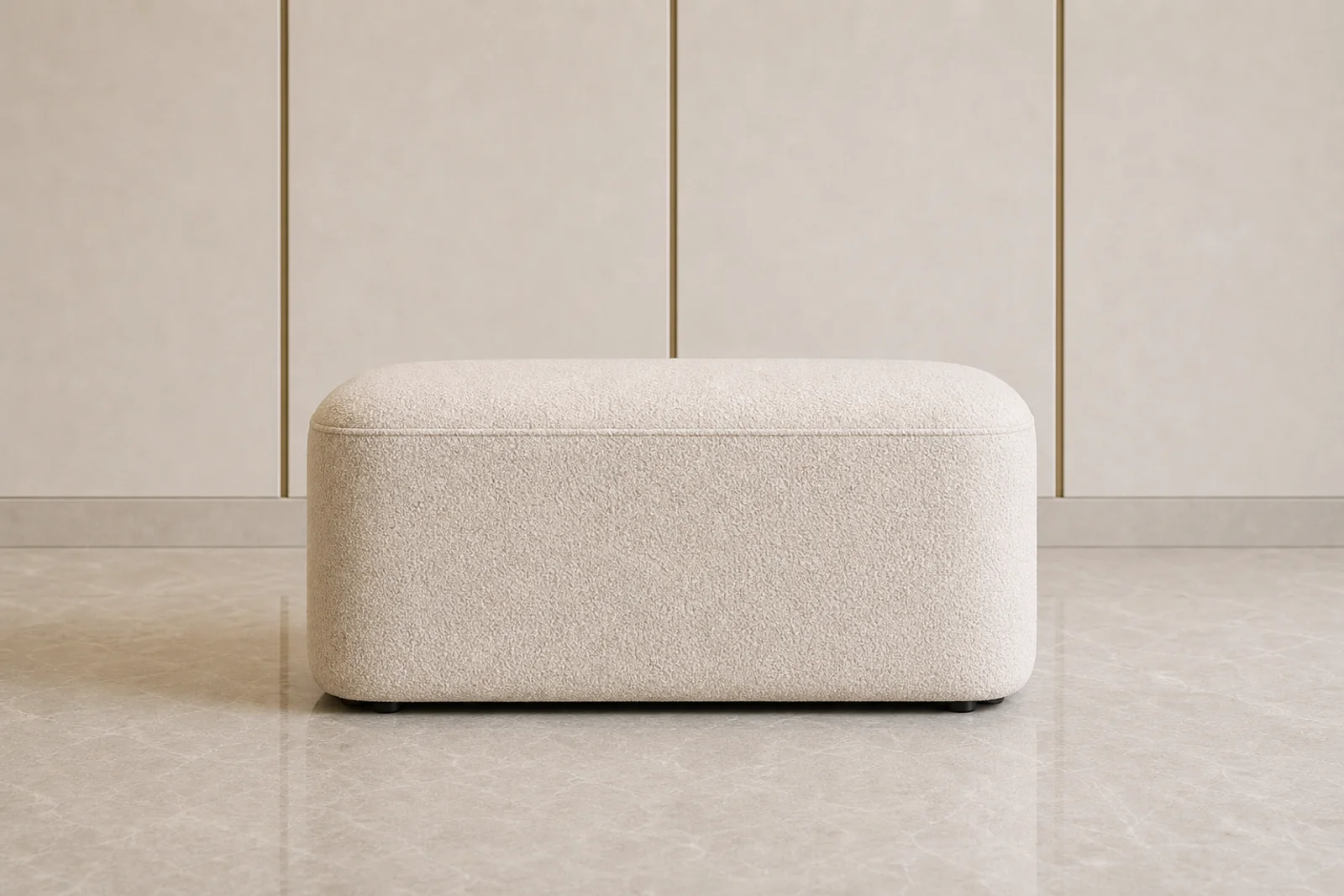 Upholstered Pouf side profile - Ivory boucle upholstered pouf with rounded rectangular form