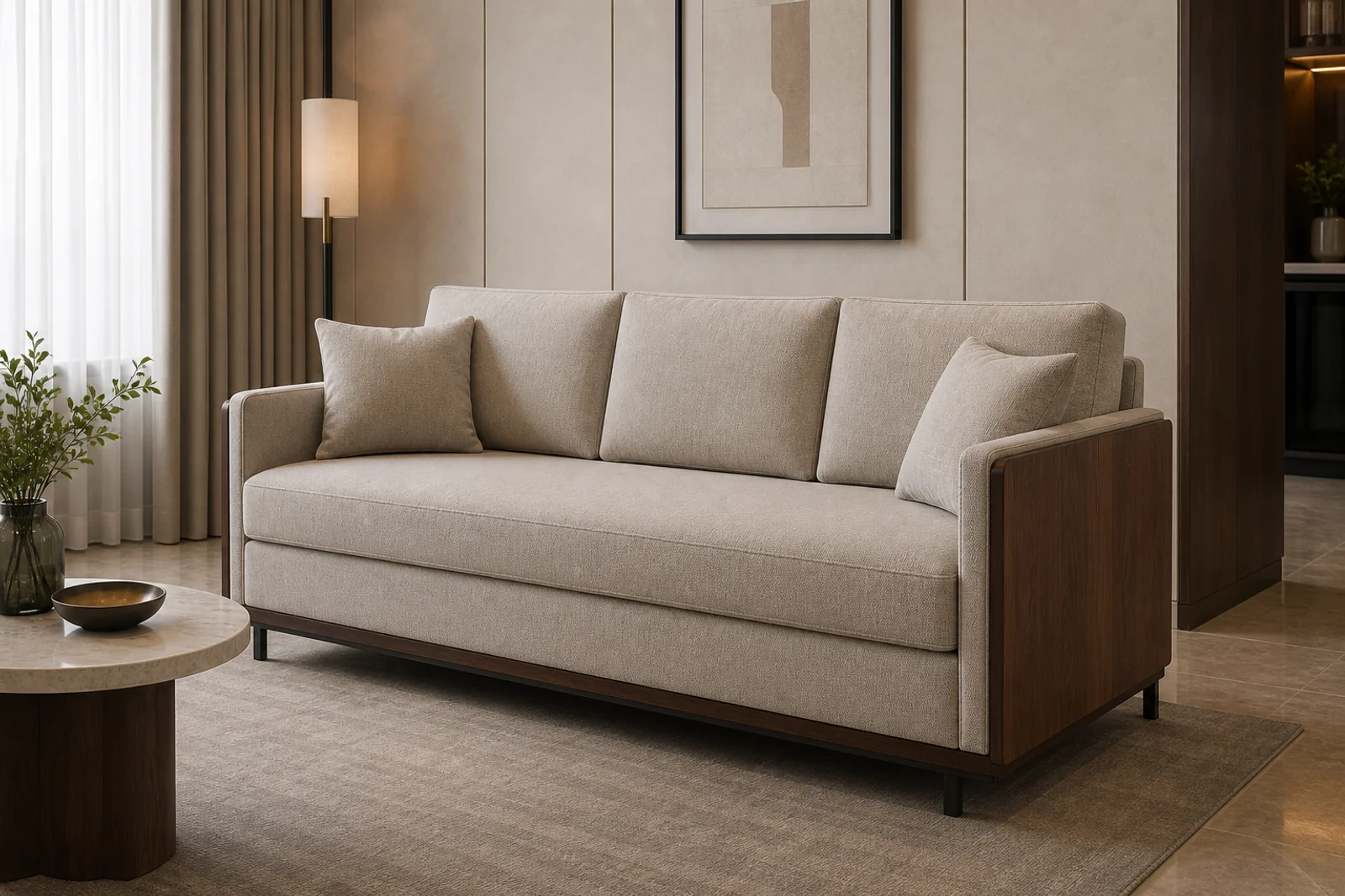 Greige upholstered sofa bed with walnut arms and pull-out mattress mechanism