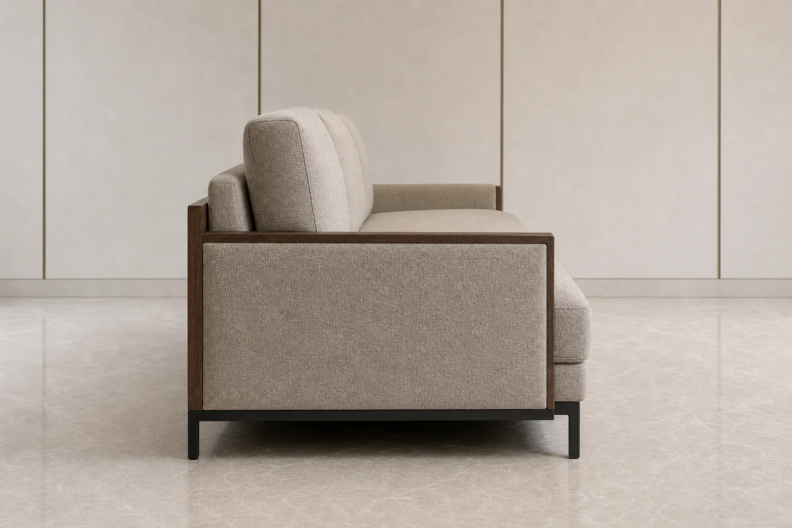 Sofa Bed side profile - Greige upholstered sofa bed with walnut arms and pull-out mattress mechanism