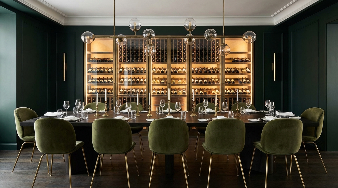 Private dining room with olive velvet chairs, dark oak table, glass globe chandelier, and backlit wine display wall