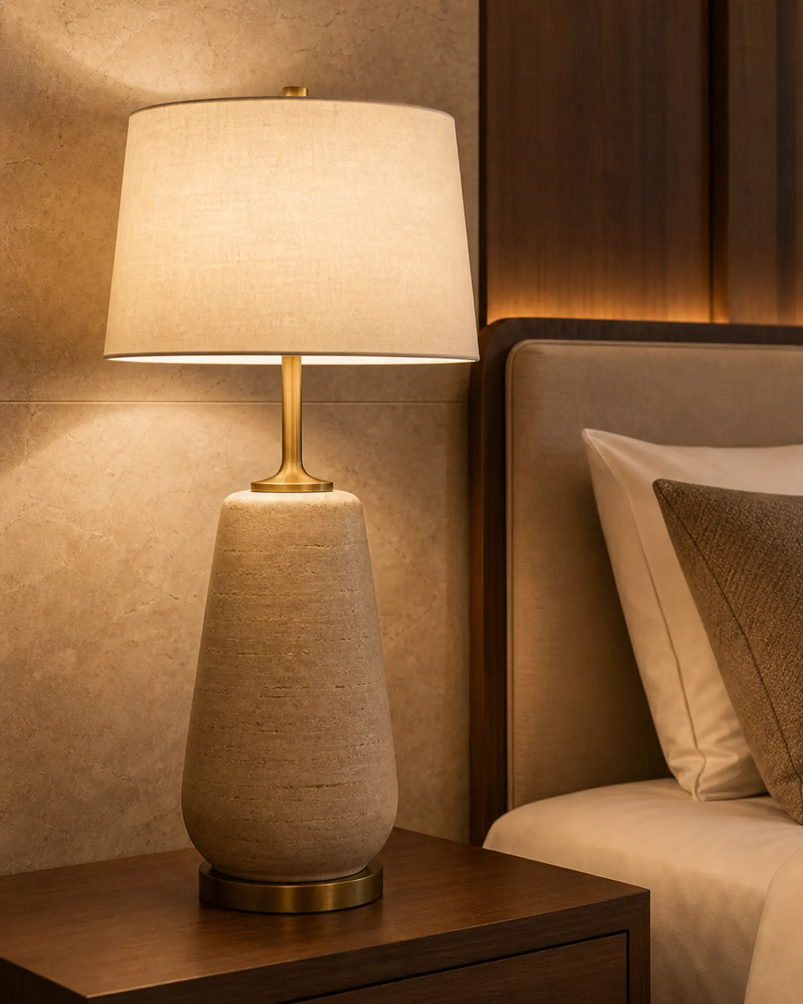 Bespoke bedside table lamp with stone base and linen shade