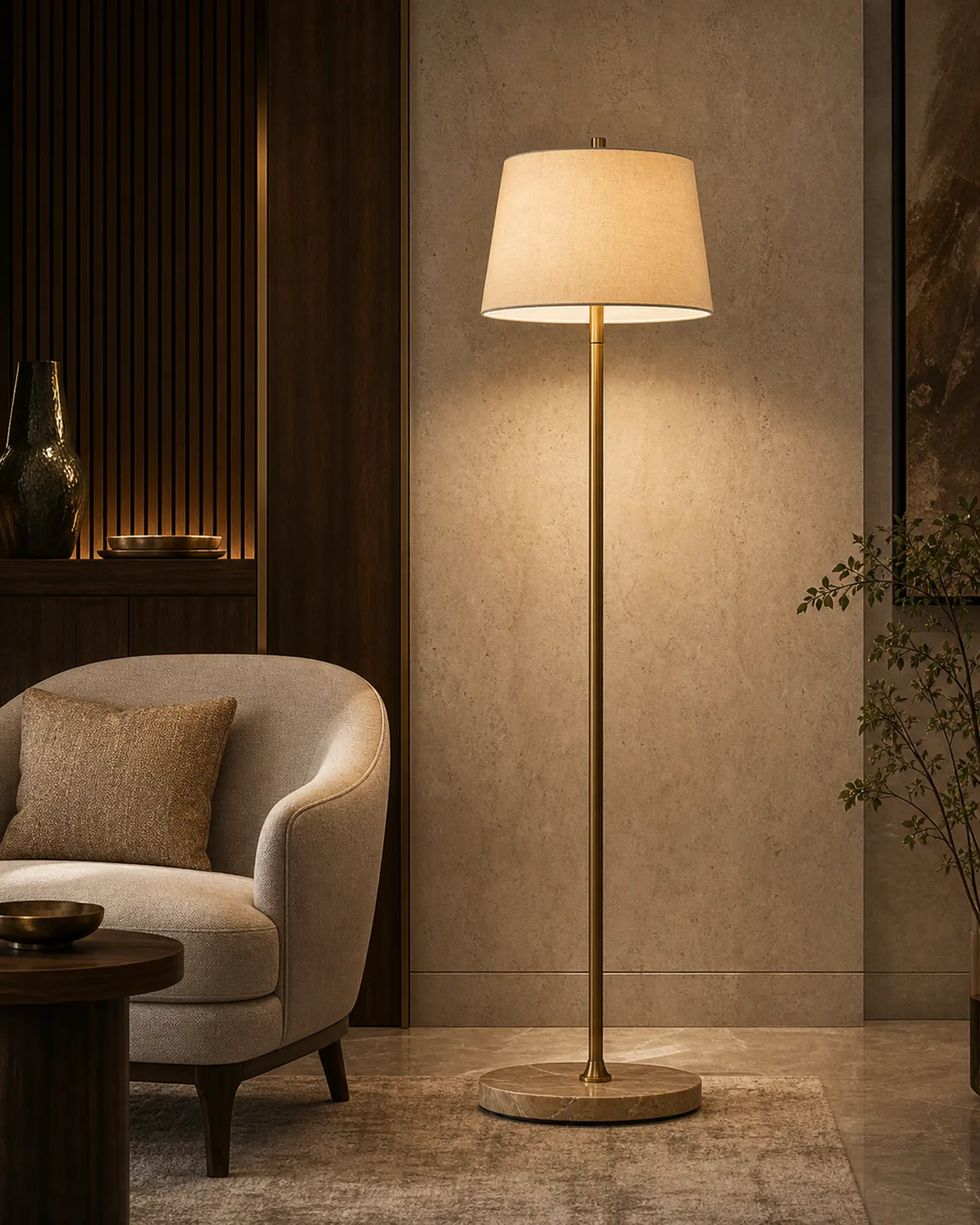 Slim brass floor lamp beside a lounge chair in a hotel suite