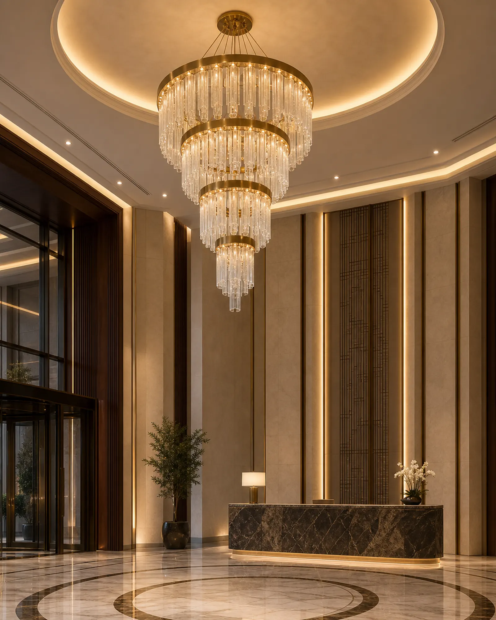 Bespoke brass and glass chandelier in a luxury hotel lobby