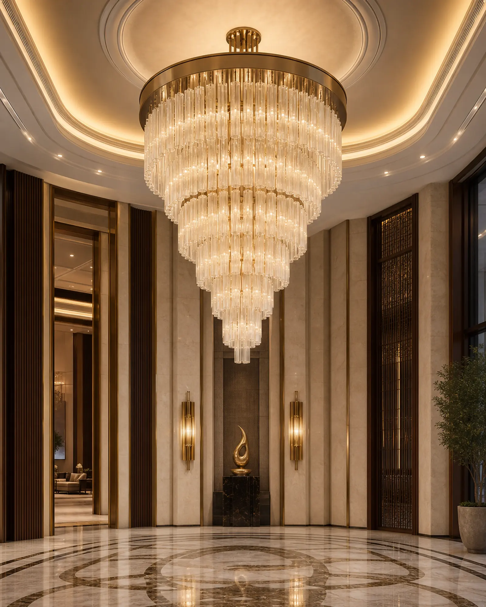 Bespoke brass and glass chandelier in a luxury hotel lobby