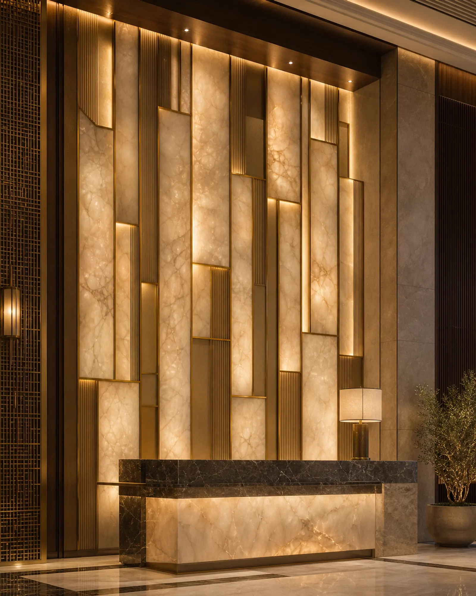 Custom decorative lighting feature integrated into a hotel reception wall