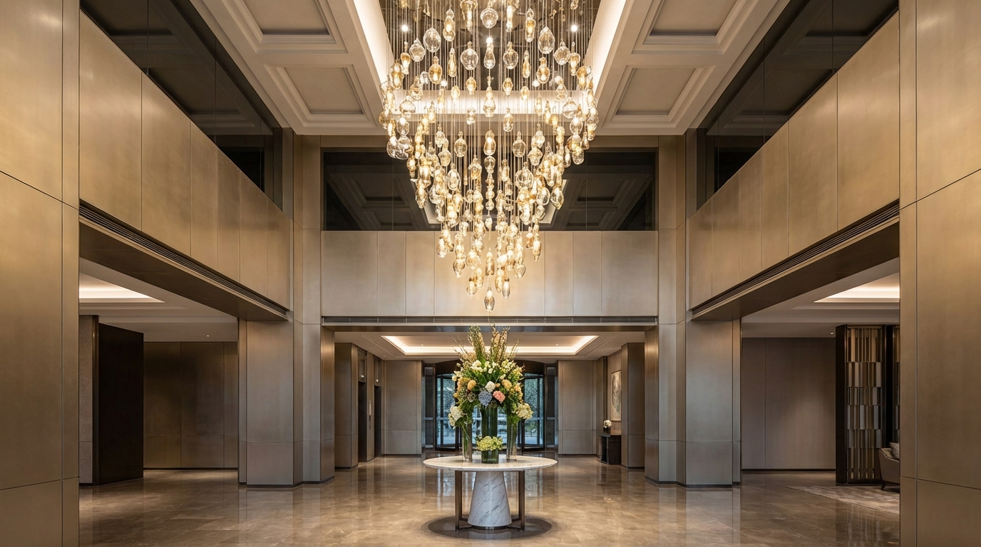 Grand hotel foyer with cascading glass chandelier, champagne metallic wall panels, and marble console table