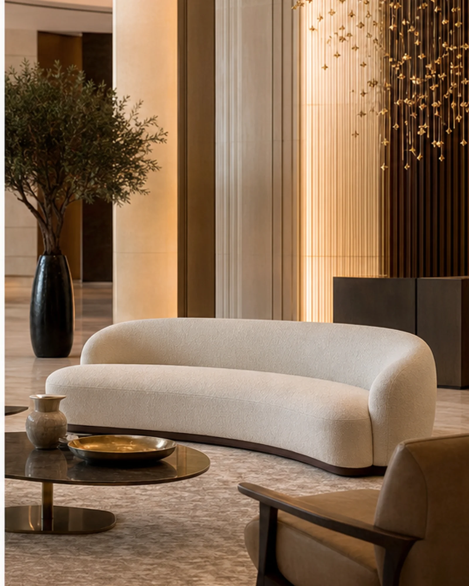 Curved ivory boucle lobby sofa with sculptural silhouette in a luxury hotel lounge