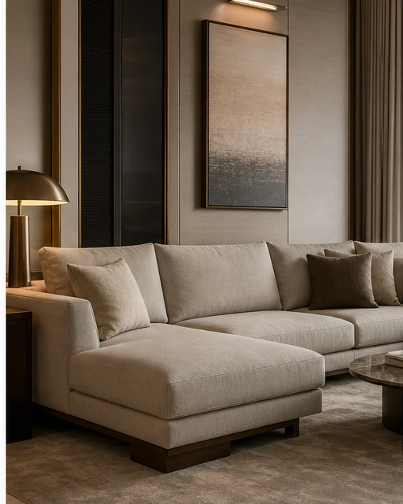 Tailored modular sectional sofa in warm neutral performance fabric for a hotel suite
