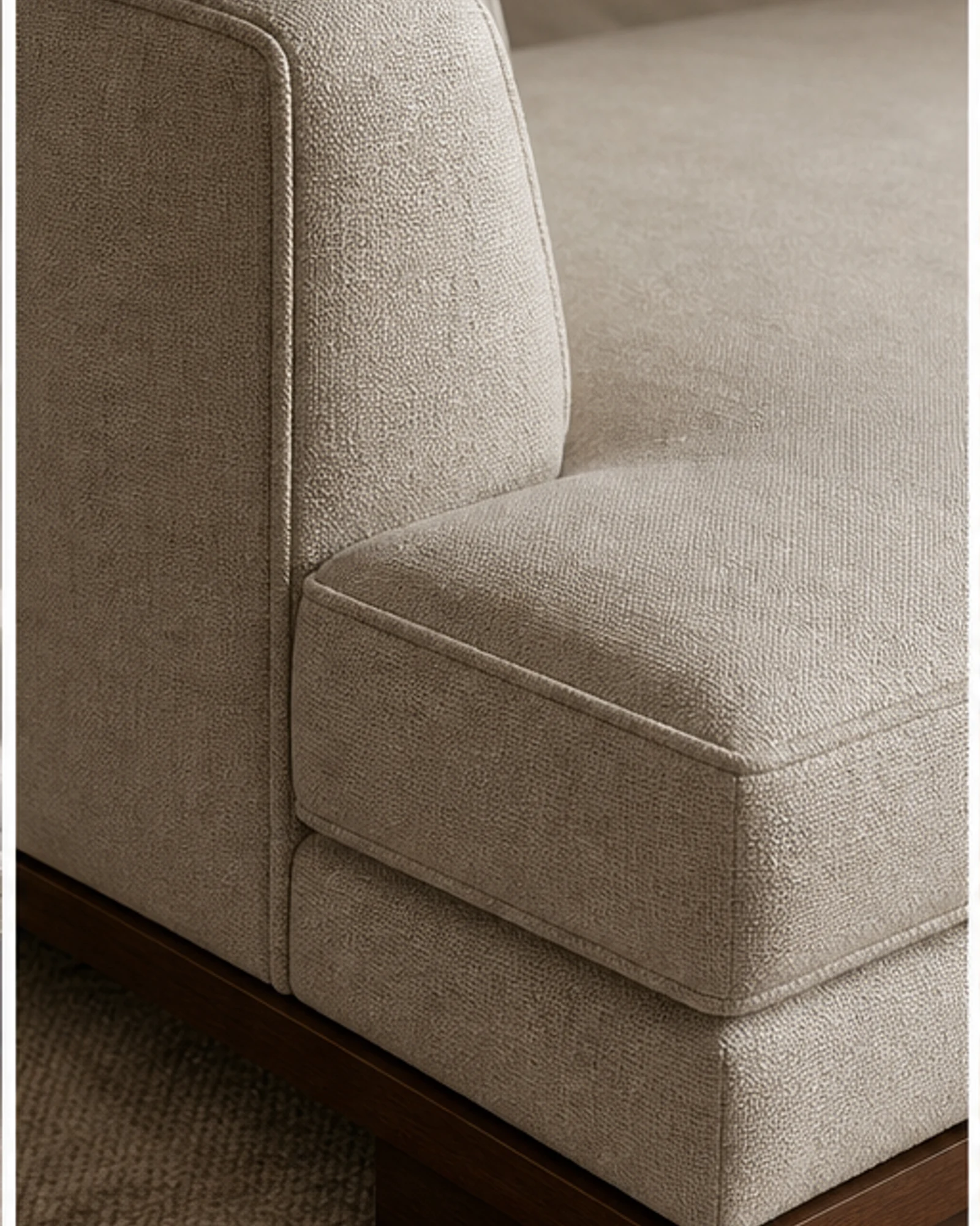 Modular Suite Sectional detail view - Tailored modular sectional sofa in warm neutral performance fabric for a hotel suite