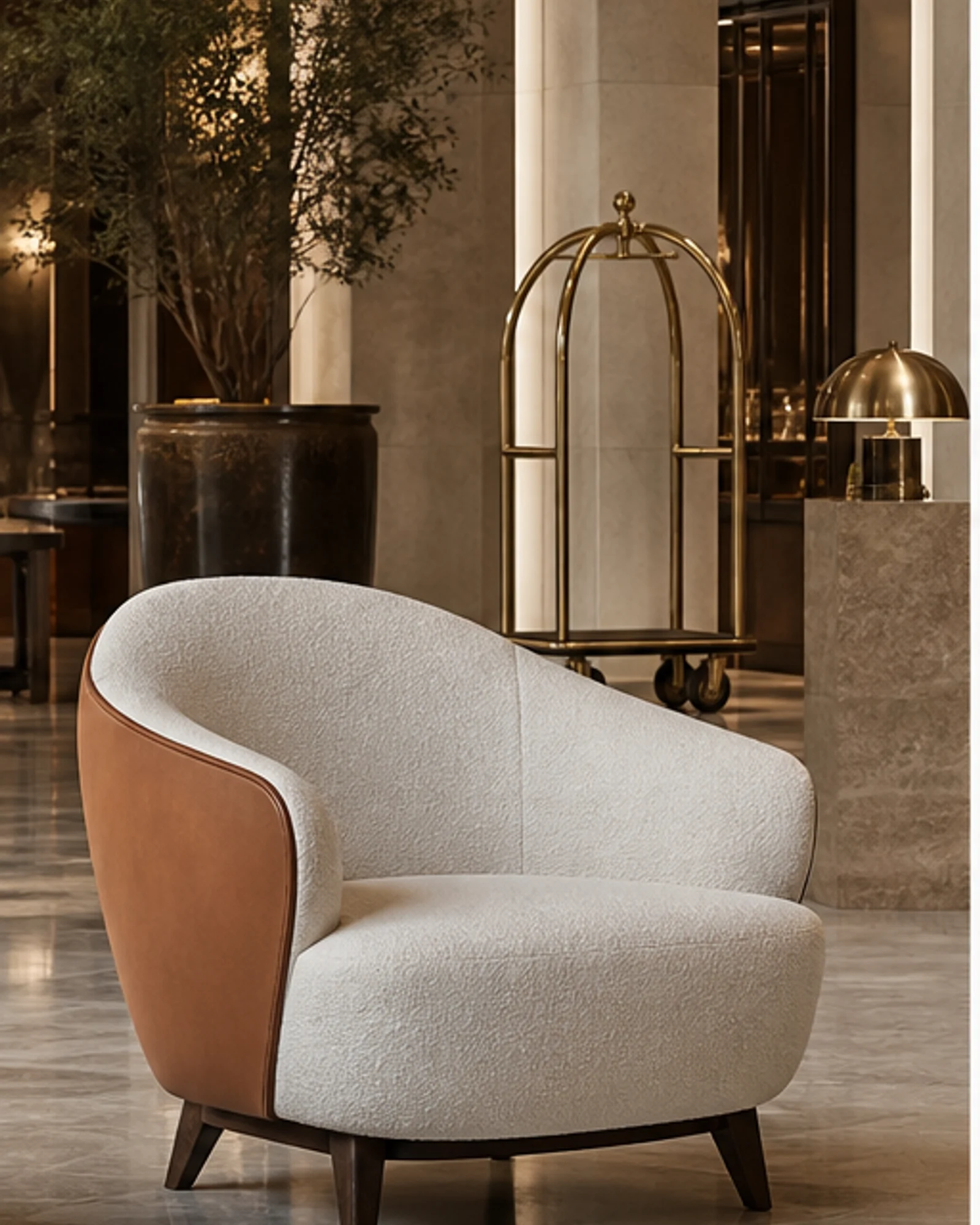 Sculptural upholstered lounge armchair in a refined hotel lobby setting