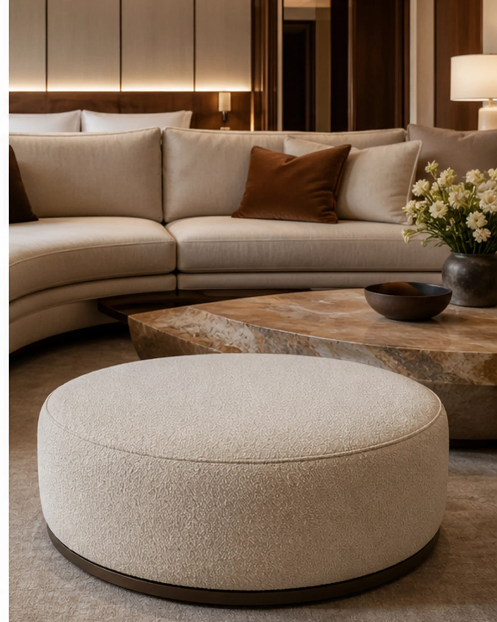 Tailored Lounge Ottoman in context - hotel lobby clusters, suites, residential living rooms
