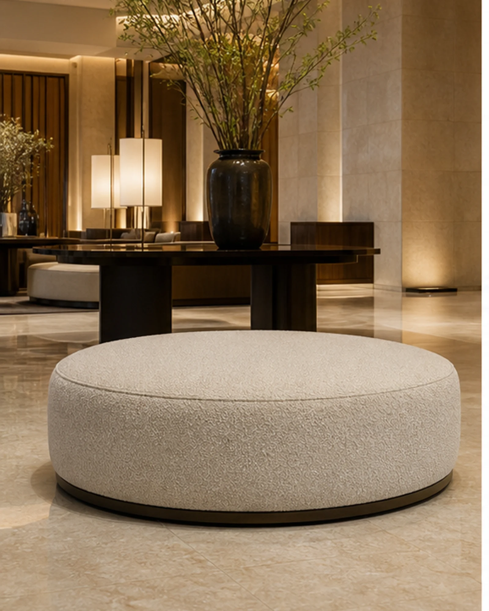 Tailored upholstered ottoman in a warm neutral hotel lounge