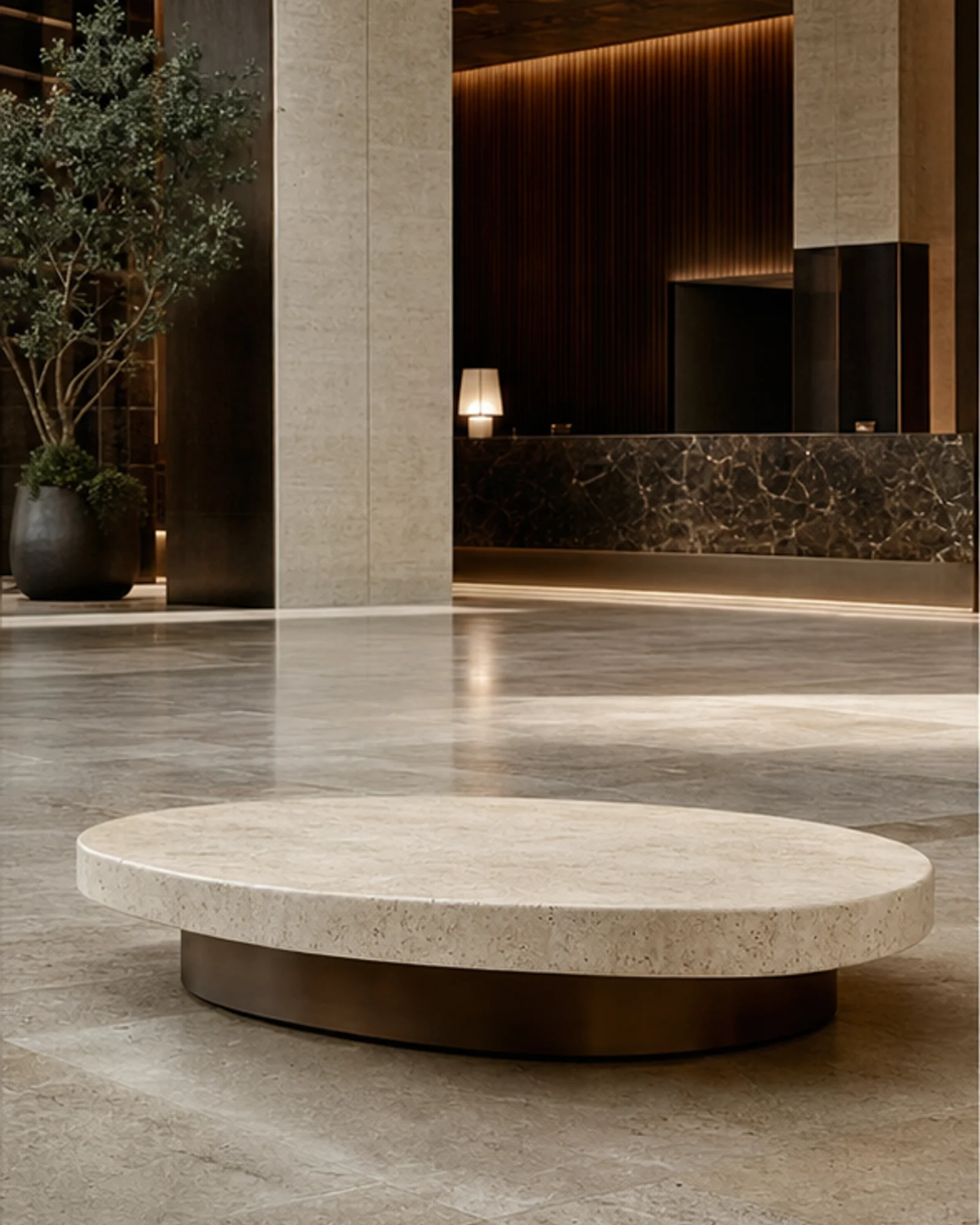 Low travertine coffee table in a refined luxury hotel lobby lounge