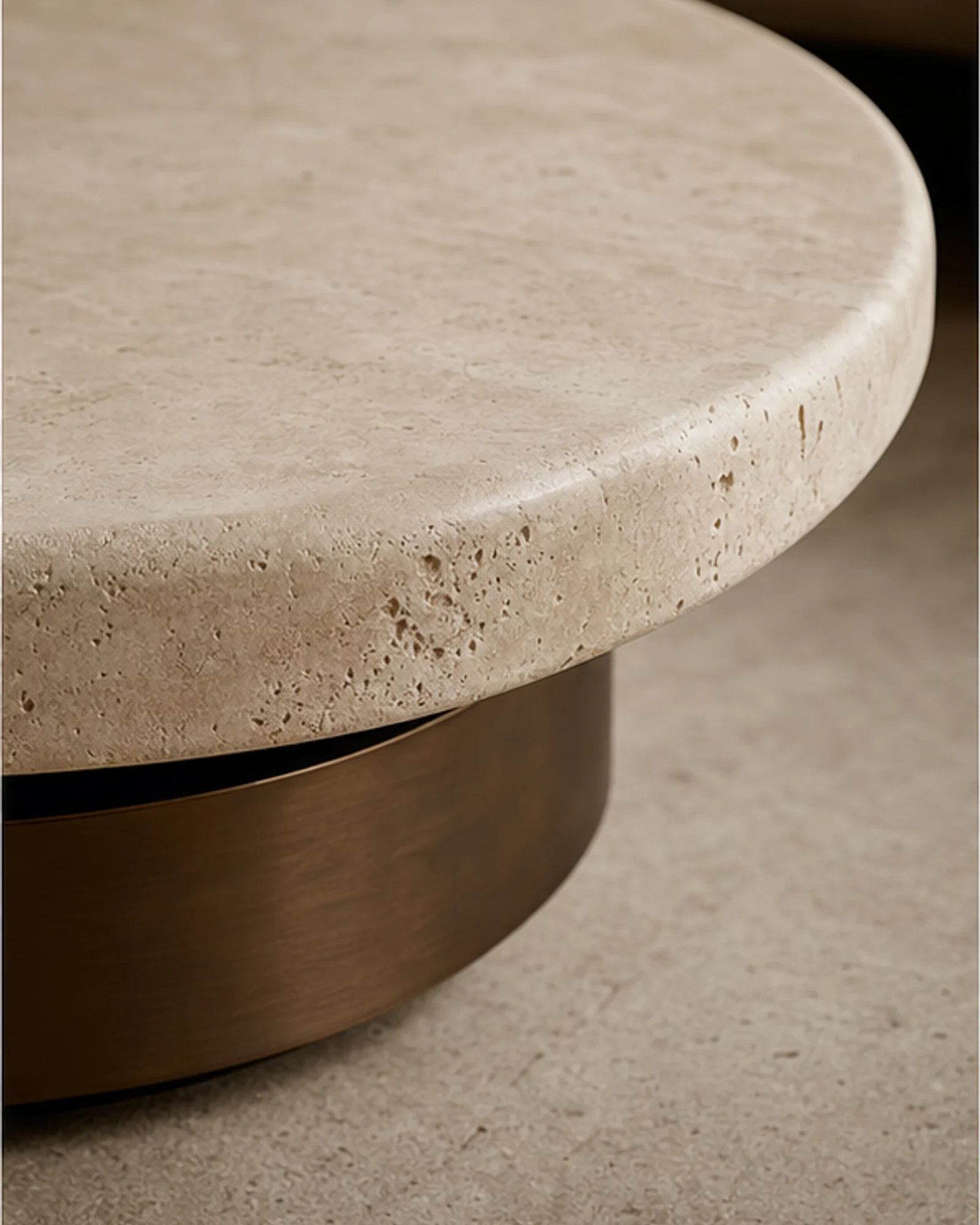 Travertine Coffee Table detail view - Low travertine coffee table in a refined luxury hotel lobby lounge