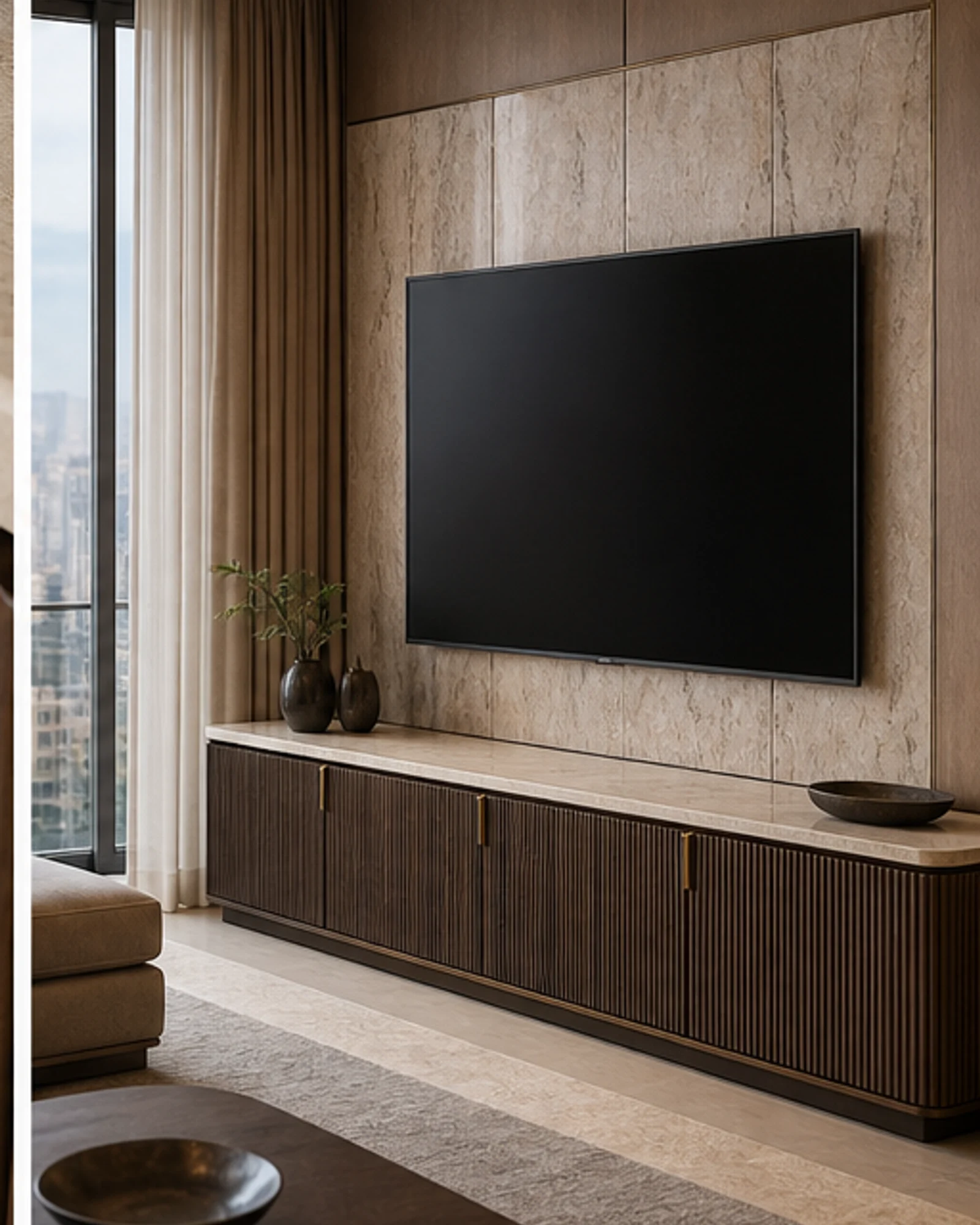 Fluted Media Console in context - hotel suites, branded residences, executive apartments