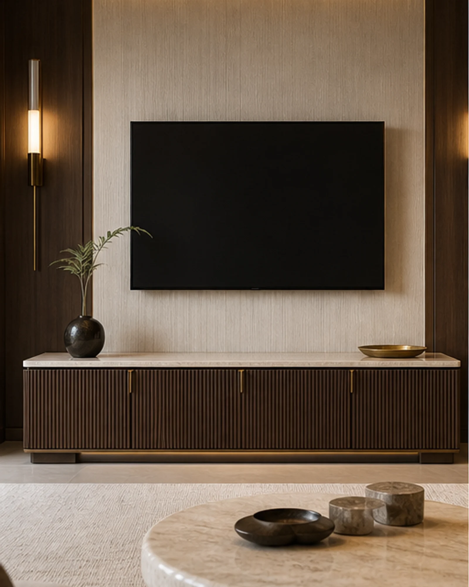 Fluted walnut media console with stone top in a refined hotel suite