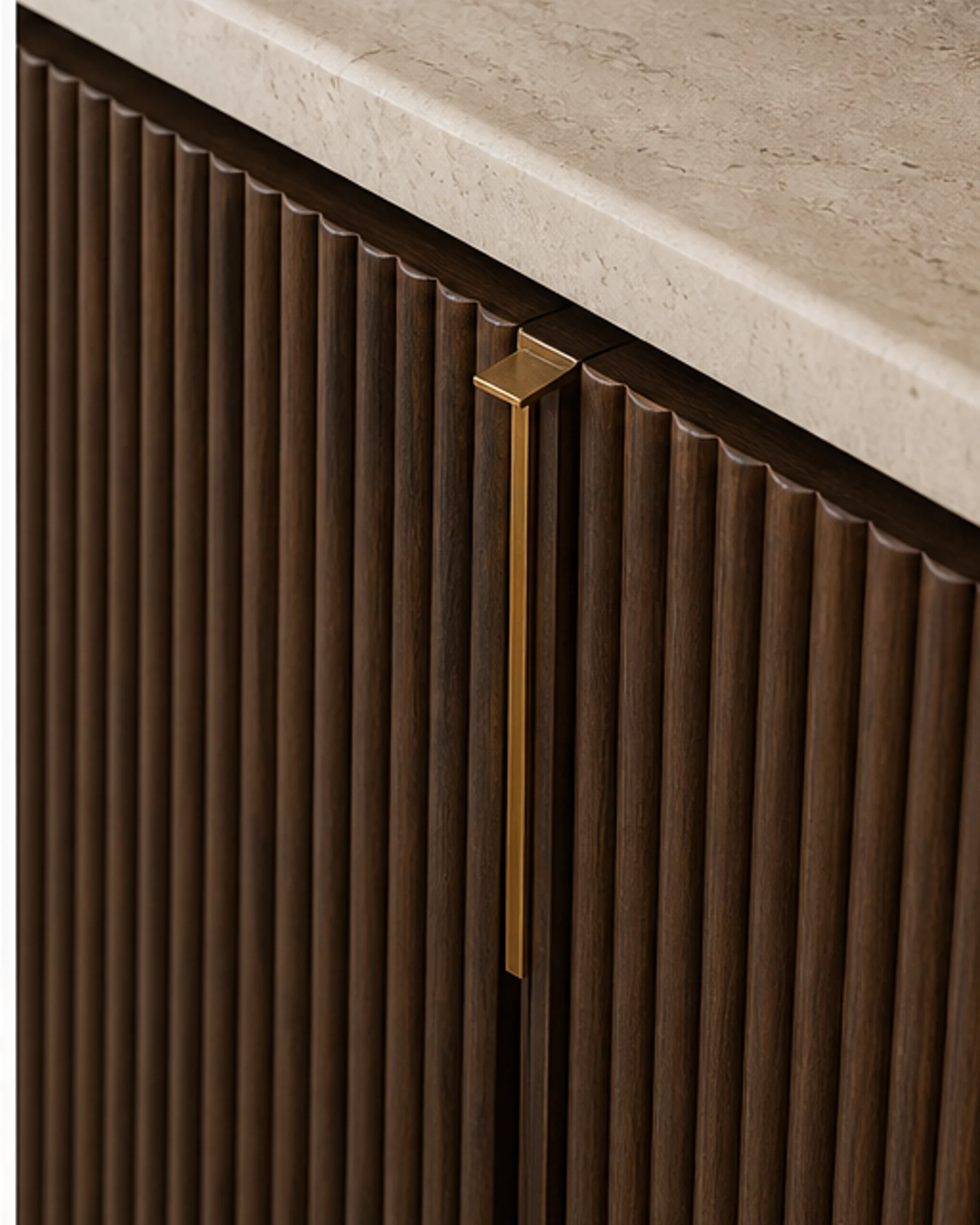 Fluted Media Console detail view - Fluted walnut media console with stone top in a refined hotel suite