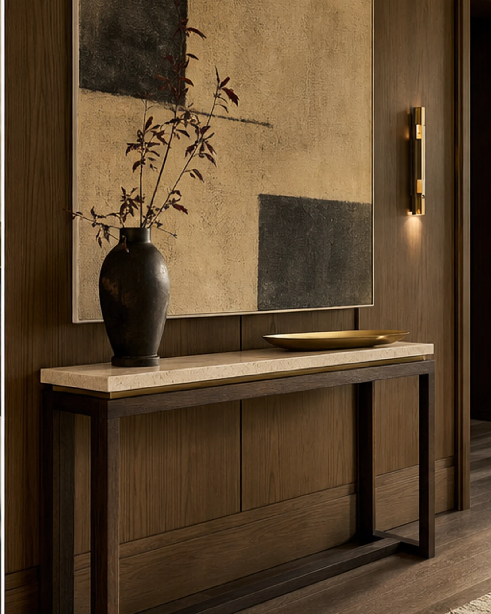 Stone-Top Console Table in context - hotel lobby, corridor, residence entrance, executive lounge