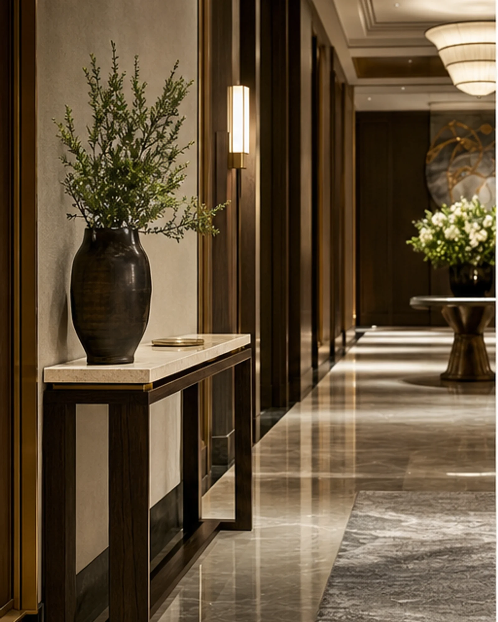 Refined stone-top console table in a luxury hotel lobby or corridor