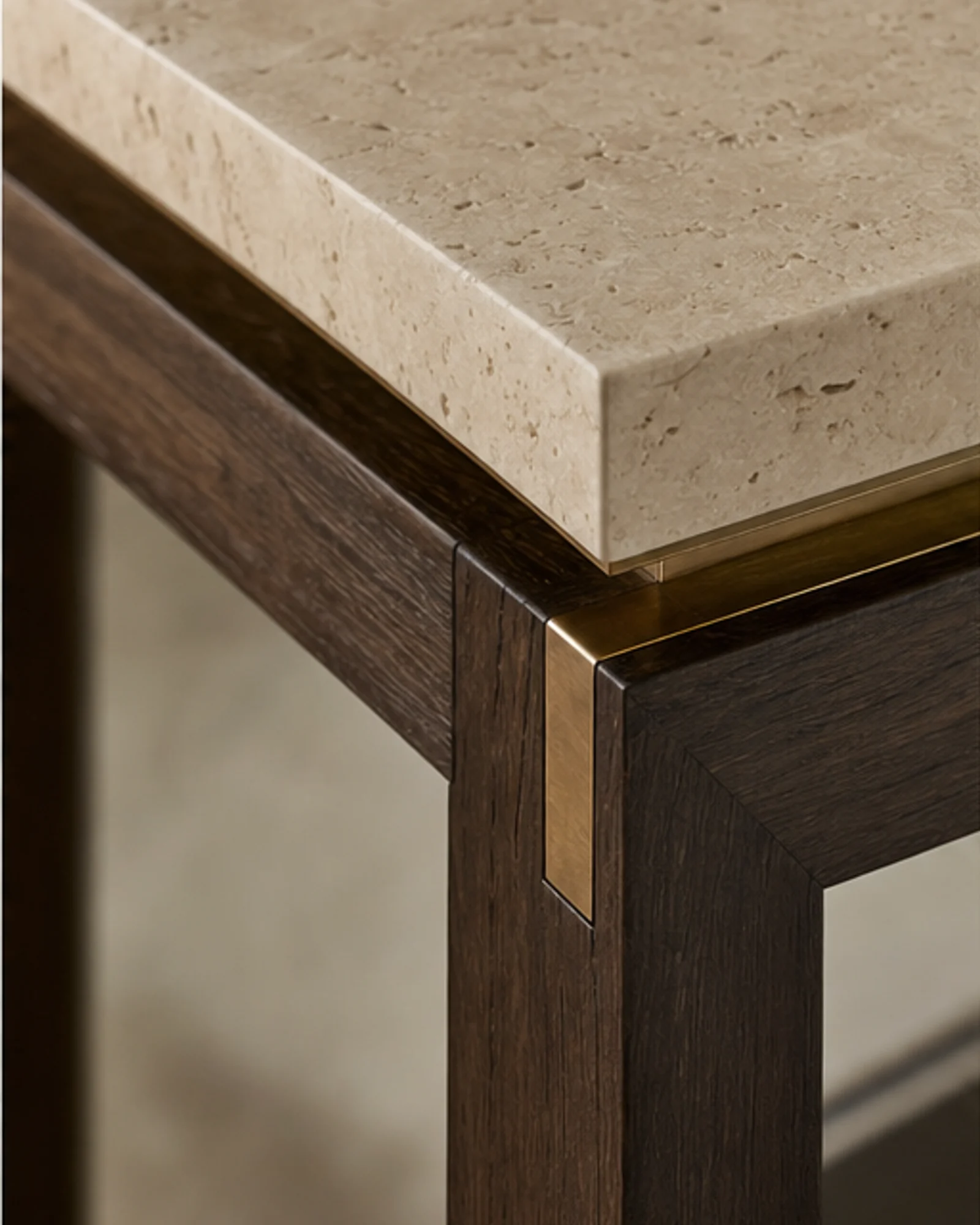 Stone-Top Console Table detail view - Refined stone-top console table in a luxury hotel lobby or corridor
