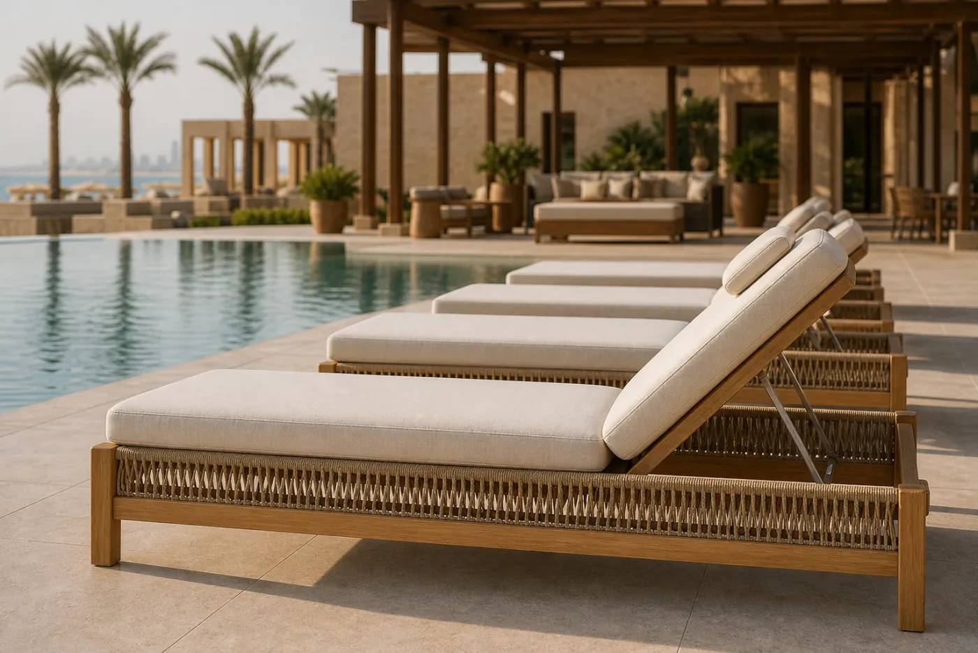 Solid teak hotel pool chaise lounger with adjustable backrest, woven rope side panels, and panna Sunbrella cushion