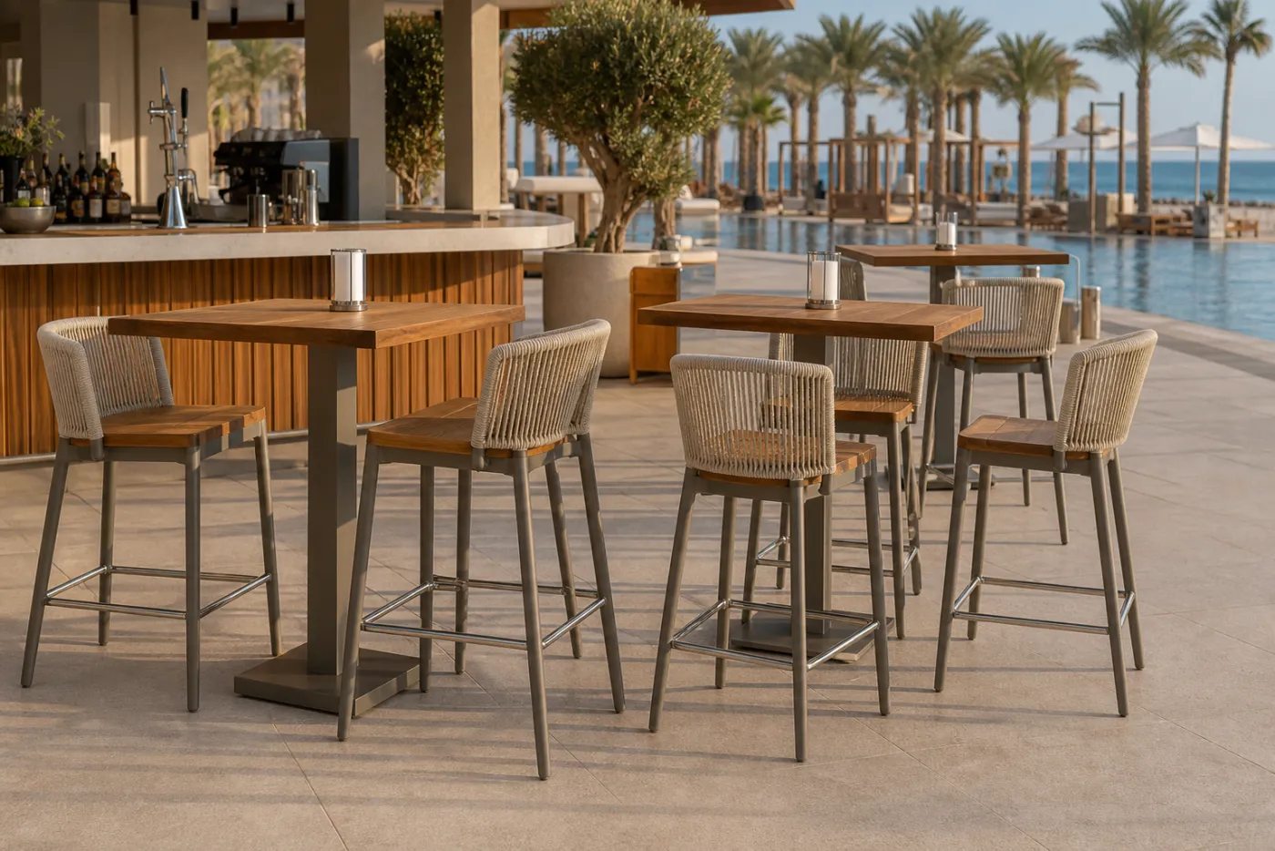 Beach Bar Table & Stools in context — Hotel beach bar, pool bar, rooftop drinks counter, swim-up perimeter seating