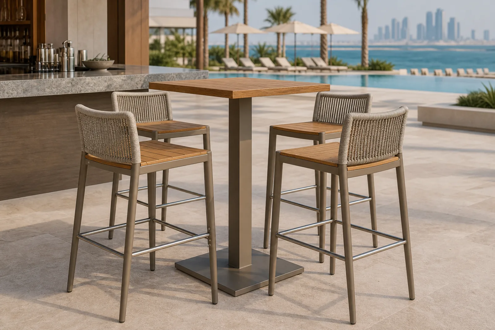 Square teak-top outdoor bar table with single-pedestal champagne aluminium base and matching rope-back bar stools with teak slat seats