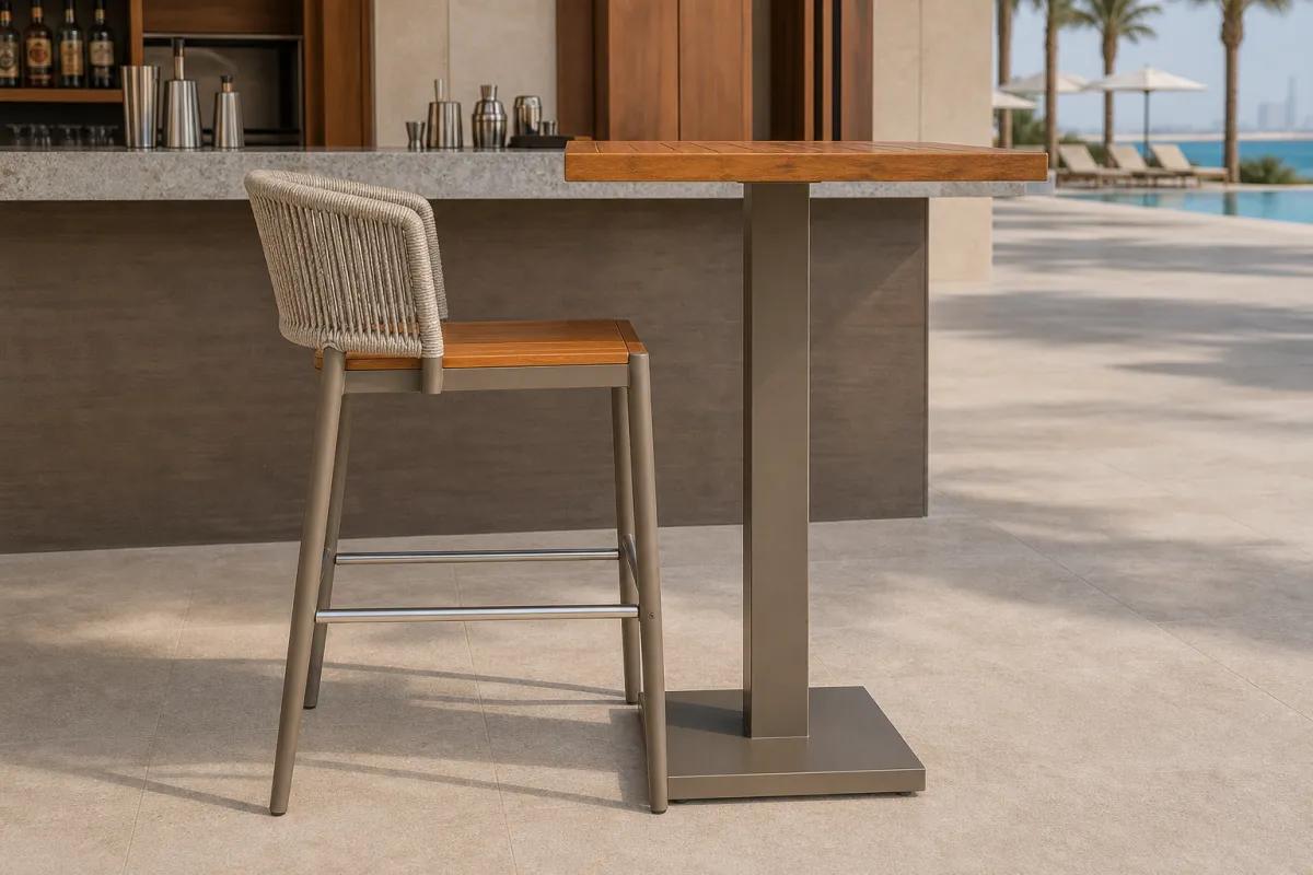 Beach Bar Table & Stools side profile — Square teak-top outdoor bar table with single-pedestal champagne aluminium base and matching rope-back bar stools with teak slat seats