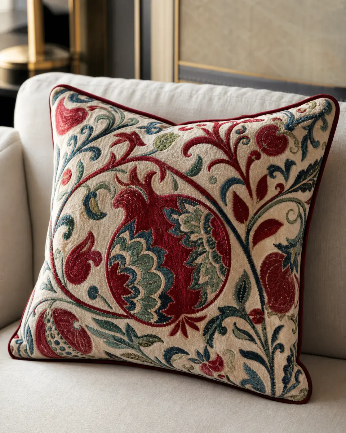 Garnet Orchard embroidered decorative cushion with original pomegranate and vine motif