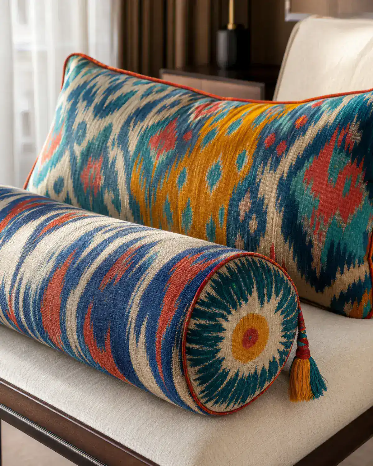 Azure Halo decorative lumbar cushion and cylindrical bolster with original woven motif