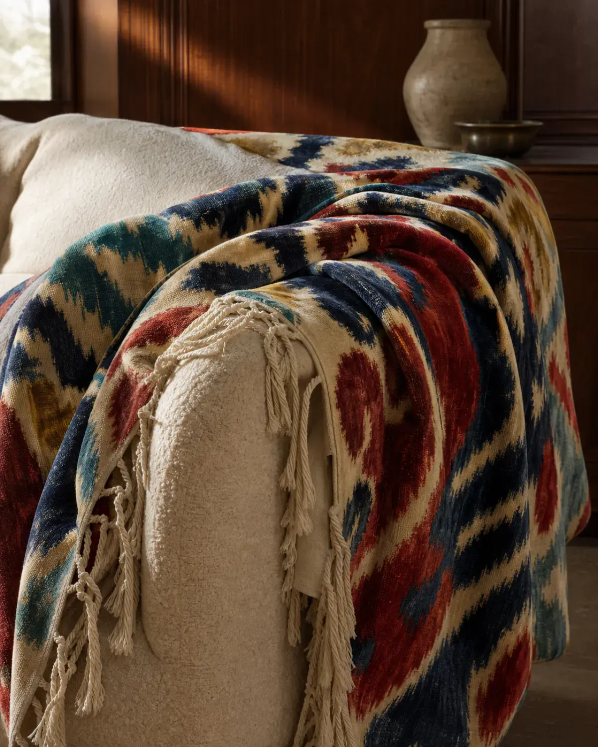 Emberfold reversible velvet throw in indigo, brick, teal, and antique gold