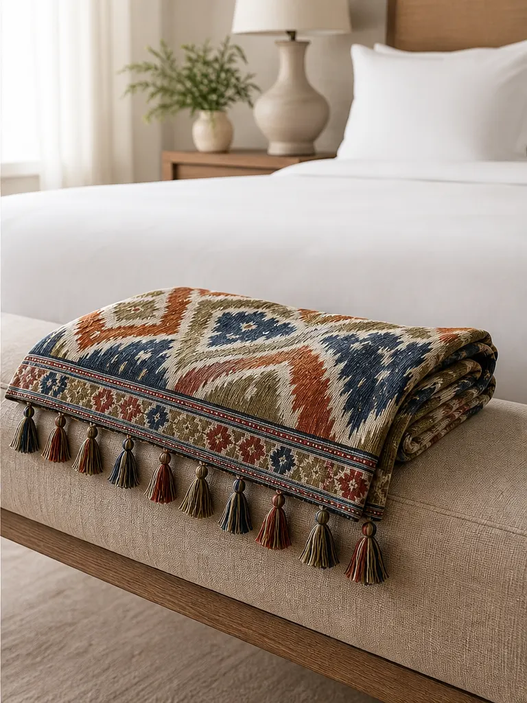 Cedarline Handloom Throw shown in Resort rooms, villa bedrooms, reading chairs, shaded terraces