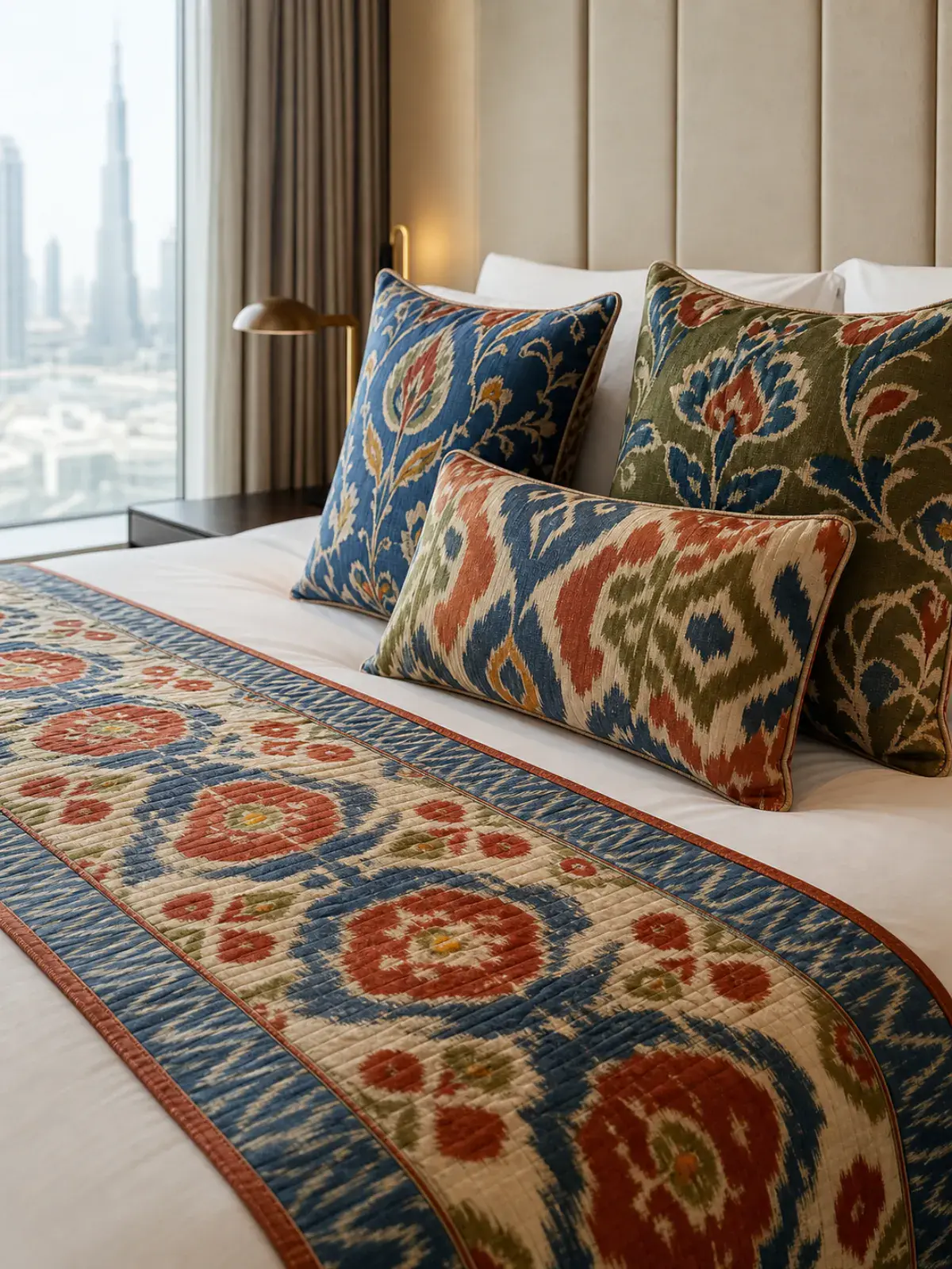 Blue Orchard decorative bed runner and cushion set with original cobalt botanical motif