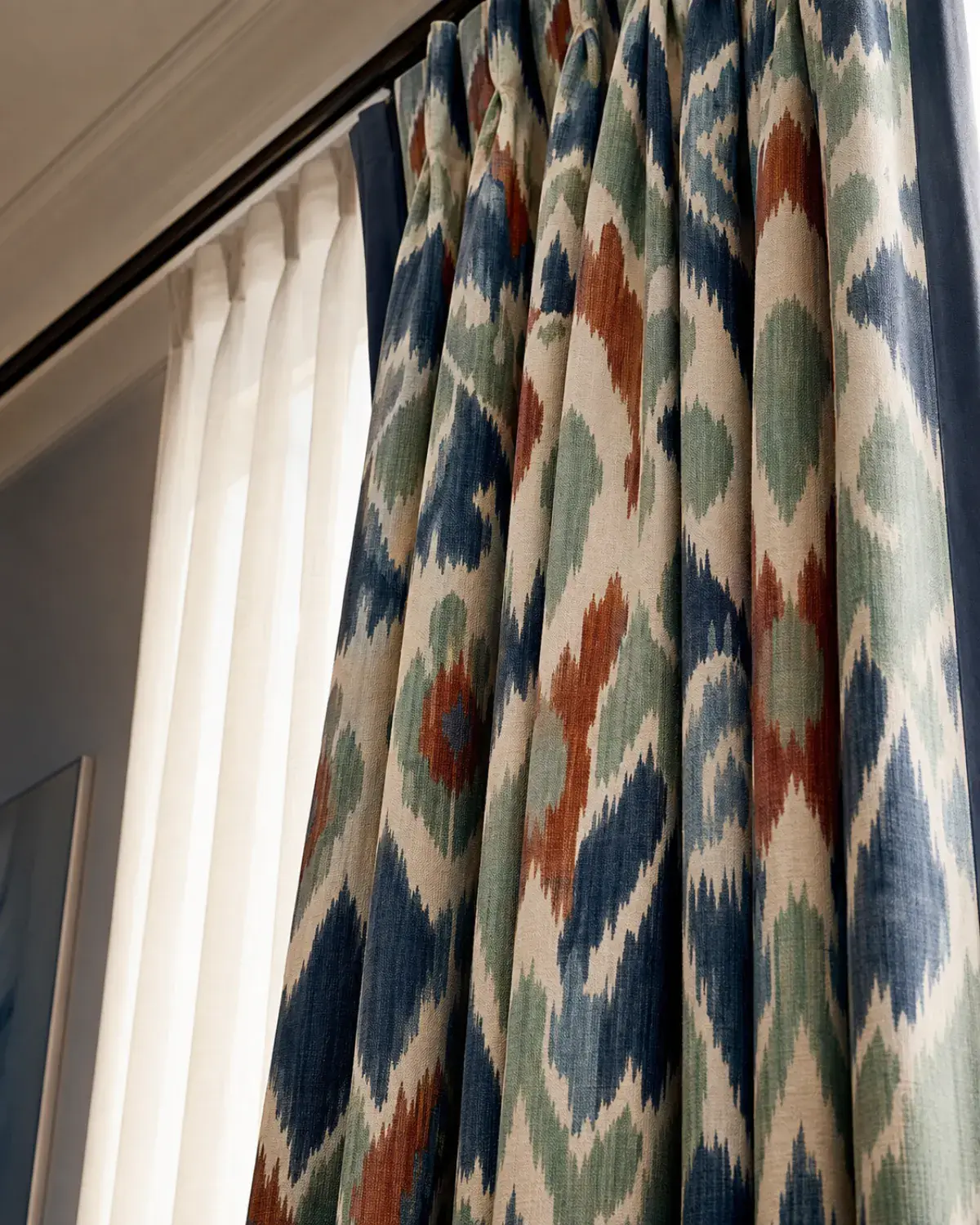 Celadon Rhythm made-to-measure curtain panel with original indigo and rust woven pattern