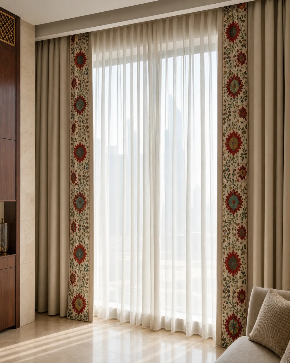 Crimson Vine layered curtain set with original embroidered side panels and ivory sheer